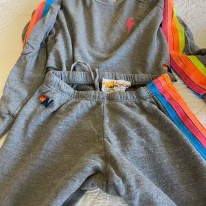 Aviator Nation Gray Jogger Set with Rainbow Stripes
